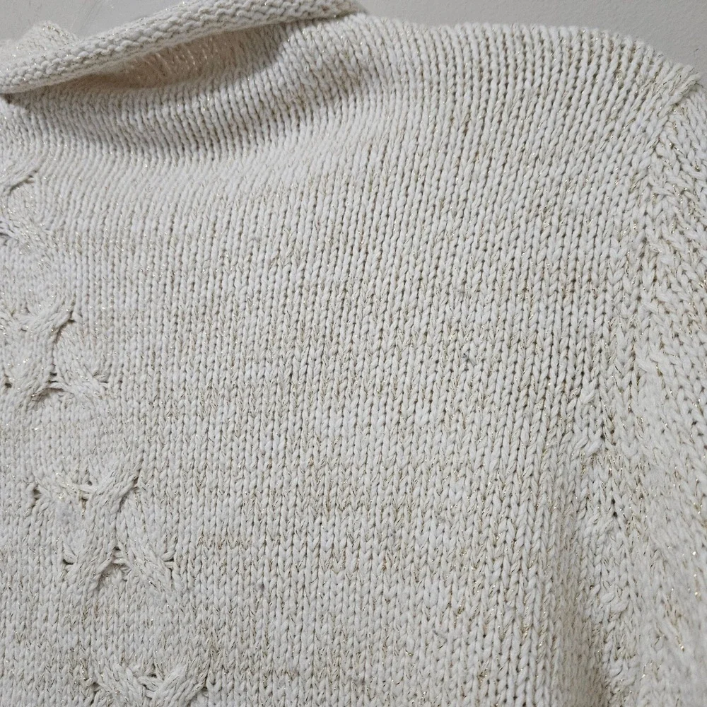 Coldwater Creek Cream Gold Metallic Cable Knit Turtleneck‎ Sweater Rabbit Hair M